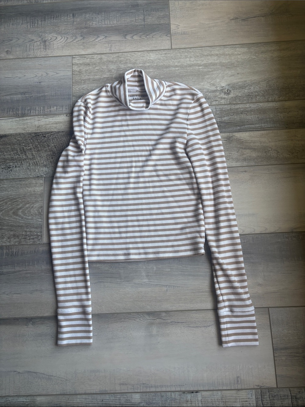 Striped Ribbed Turtleneck Long Sleeve Top - Beige & White - American Eagle